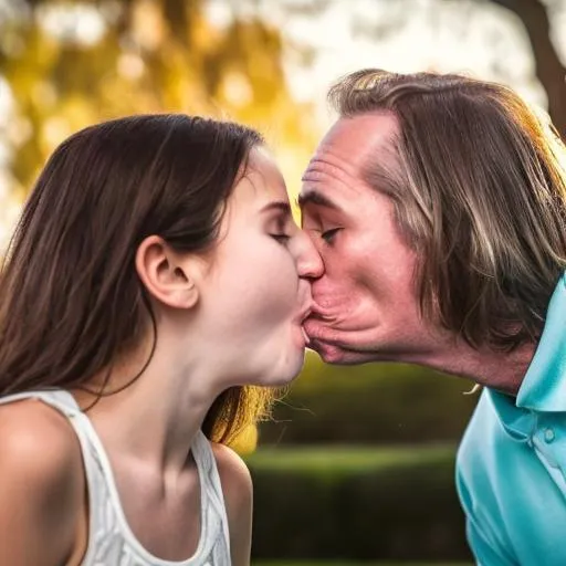 Prompt: 50 year old dad and 14 year old daughter stick out tongue and kiss