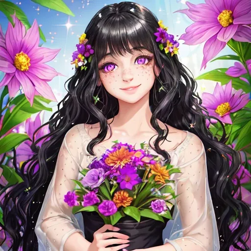 Prompt: Young woman, black hair, wavy hair, purple eyes, freckles, fair skin, beautiful, flowers, smiling, innocent, sparkly eyes, light make up