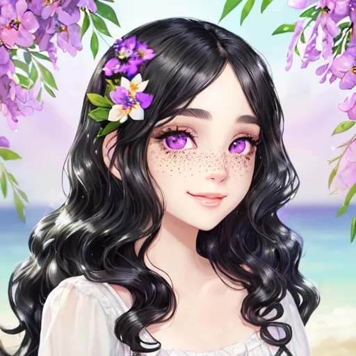 Prompt: Young woman, black hair, wavy hair, purple eyes, freckles, fair skin, beautiful, flowers, smiling, innocent, sparkly eyes, light make up