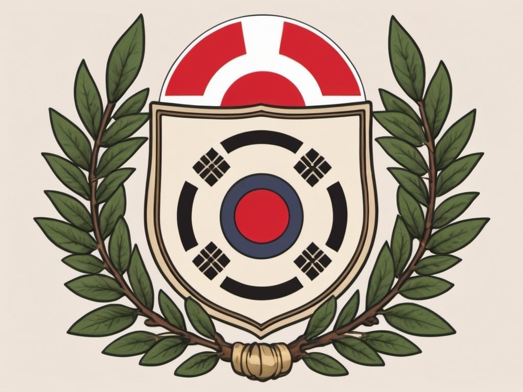 Prompt: Create a coat of arms, with heavy Japanese influence for a country named Nerukaweria, the image there is the flag, make it have some olive leaves surrounding. 