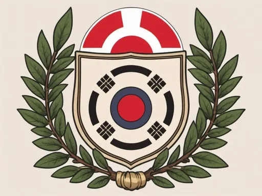 Prompt: Create a coat of arms, with heavy Japanese influence for a country named Nerukaweria, the image there is the flag, make it have some olive leaves surrounding. 