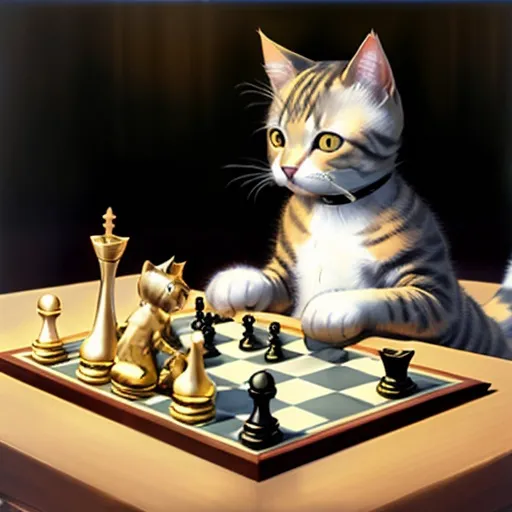 Prompt: Cat playing chess the pieces are golden and silver
