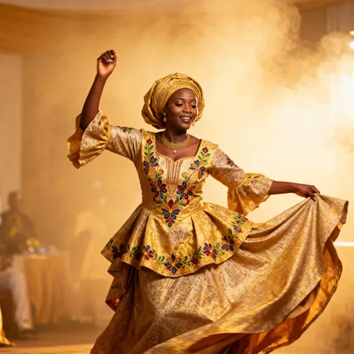 Prompt: A christian African  woman dressed in noble attire dancing 