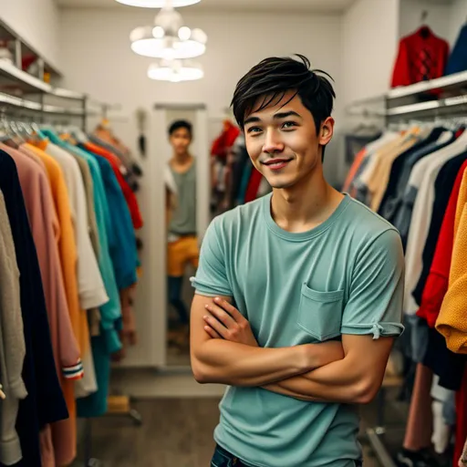 Prompt: <mymodel> Standing in a bustling (dressing room stall), (strikingly handsome features), gazes into a (mirror), trying on a variety of (shorts) and trendy summer fashions. The (vibrant colors) of the clothes emphasize a joyful, retro ambiance. In the background, glimpses of energetic life and dynamic interactions with a group of boys enhance the scene, evoking a summery, youthful vibe. High detail, 4K.