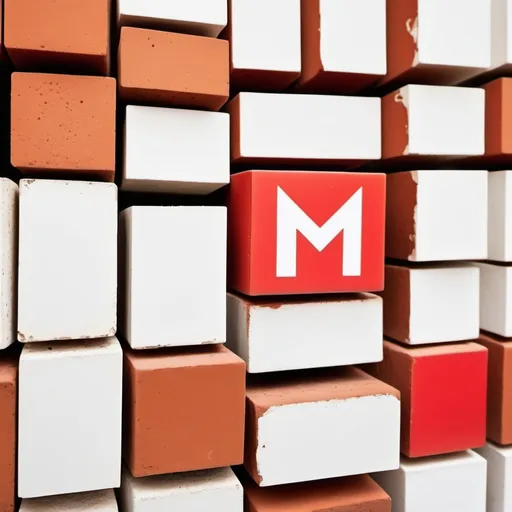 Prompt: a group of bricks with a logo on them and a white background with a white background and a red brick with a logo on it, Andries Stock, suprematism, p, a stock photo