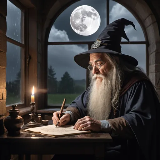 Prompt: wizard writing transcripts on a rainy day, there is a window above him and the moon is visible. the aura of everything is slightly magical. he is writing with a quill and ink on a piece of paper on a lecture. there is a lit cigar to his side in an ash tray.