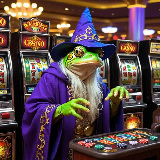 Prompt: a wizard wearing his mystical robes in a casino playing a slot machine, he has a pet frog at his side