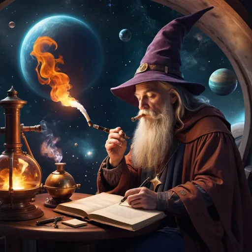 Prompt: wizard smoking a pipe while writing on a book with a flame pen. it is in an observatory and planets and stars are visible.