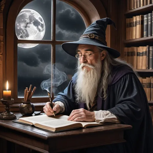 Prompt: wizard writing transcripts on a rainy day, there is a window above him and the moon is visible. the aura of everything is slightly magical. he is writing with a quill and ink on a piece of paper on a lecture. there is a lit cigar to his side in an ash tray. there are floating books around him