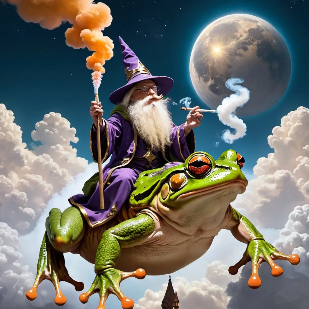 Prompt: a wizard smoking a joint riding a giant frog through the heavens