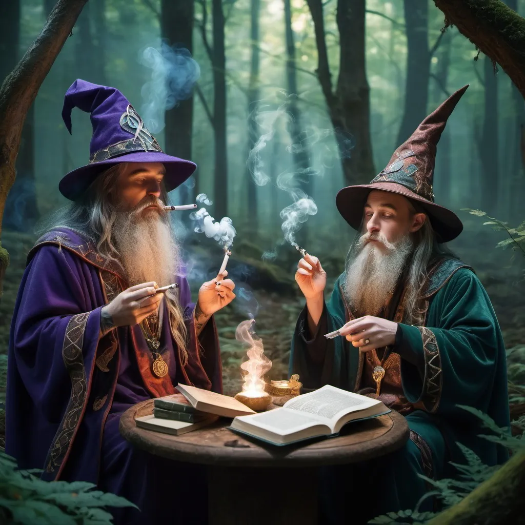 Prompt: two wizards smoking a joint. it is a mystical setting, a magical forest with magical creatures and magical floating books. there is magical particles floating through the air and there is lots of magical aura throughout the room. they are wise and whimsical, they are smoking a joint and are dressed in their wizard attire (robes). there are runes and stuff. 