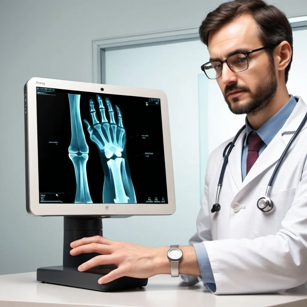 Prompt: make an illustration of a xray scanner detecting a fracture in an arm , and a doctor is using it