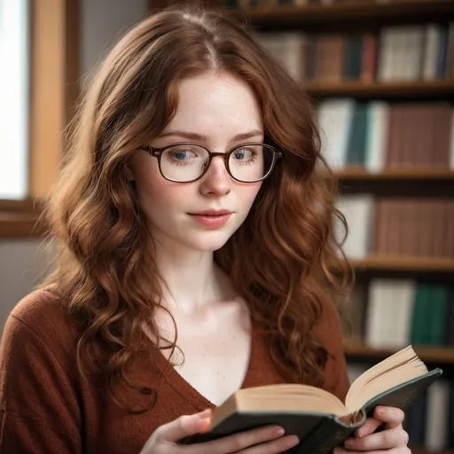 Prompt: Shy woman with wavy reddish brown hair. Pale skin. Wears glasses. Slight freckle dusting on her cheeks. Loves reading.