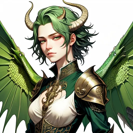 Prompt: medieval androgynous being, horns, wings, lizard tail, manga