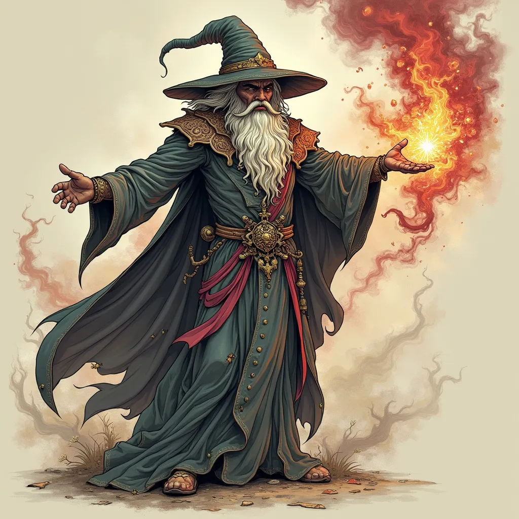 Prompt: wizard with elaborate robes channeling a large spell toward an unseen enemy in a tattoo design

