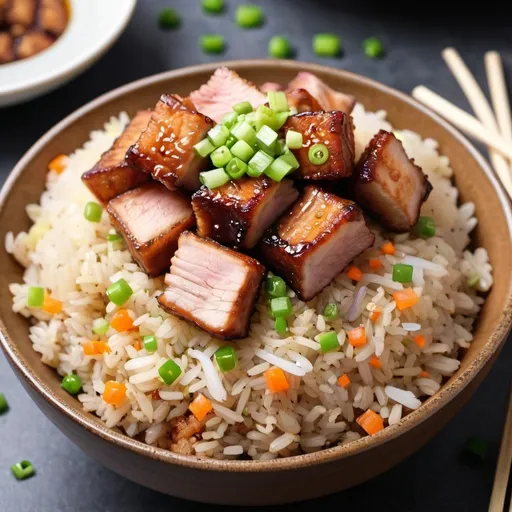 Prompt: Fried rice toppings with deep fried pork belly chopped in slices top with chopped scallions in an bowl side view