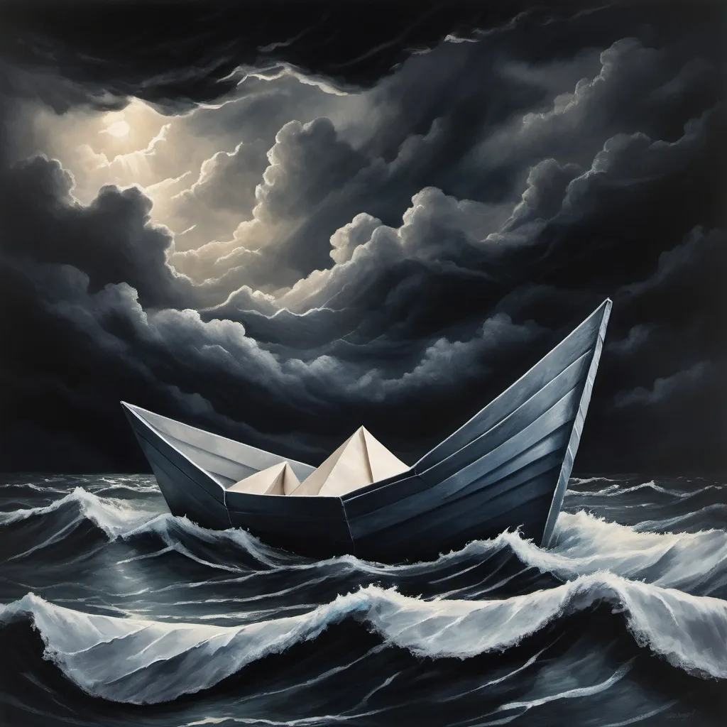 Prompt: Paper boat in stormy weather, realistic painting, turbulent waves, dramatic clouds, high quality, realistic, stormy, ocean, paper boat, dramatic weather, dark tones, intense lighting