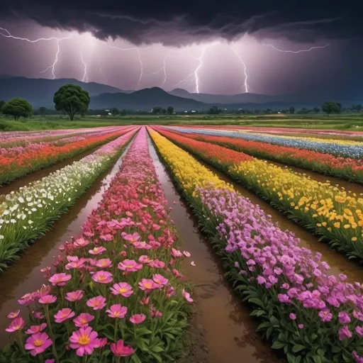 Prompt: Within a paradise realm, fields of flowers stretch as far as the eye can see on a stormy night. With rainwater nourishing the vibrant blooms and lightning accentuating their beauty, visitors revel in the tranquility amidst the darkness and serenity of the Elysian Expanse