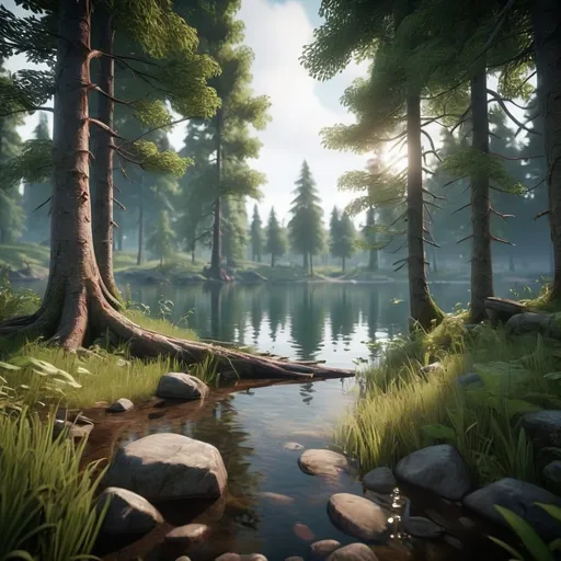 Prompt: a mysterious forest next to a lake, high quality, unreal engine