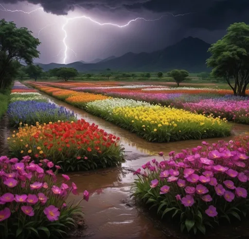 Prompt: Within a paradise realm, fields of flowers stretch as far as the eye can see on a stormy night. With rainwater nourishing the vibrant blooms and lightning accentuating their beauty, visitors revel in the tranquility amidst the darkness and serenity of the Elysian Expanse