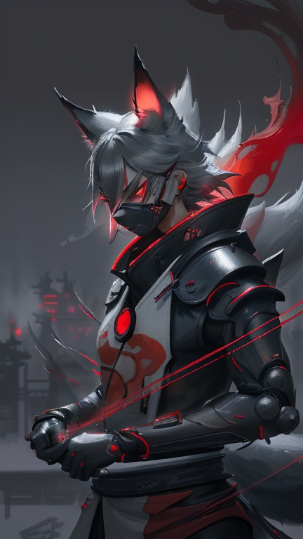 Prompt: 2d art, futuristic neon ,anthro fox samurai, grey background, red slashes, dark grey smoke, visual effects, grey snow covered japanese city background, magic the gathering
