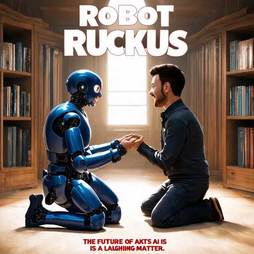 Prompt: Funny movie poster, comedy film,AI robot, human character proposing marriage to the AI on his knees, ring offered to the AI by the human, detailed textures, happy human expression, quality realistic, intense human-robot interaction, cinematic, funny scene, highres. Include title of the movie: "Robot Ruckus: The Future of AI is a Laughing Matter"