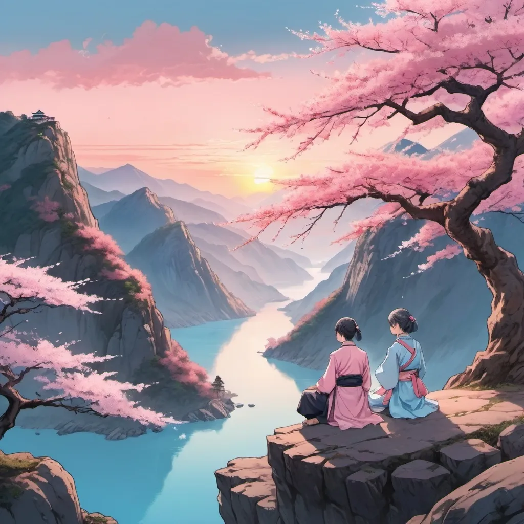 Prompt: Create an image of two people are sitting on a cliff facing a large river separating a tall vertical mountain. On top of the mountain there is a pink ancient sakura tree, and the people are dressed in anime fantasy-style clothing with contrasting colors, sunset light, peaceful and relaxing mood, contrasting colors are light pink and misty light blue, anime-style, landscape format, view from behind the two people.