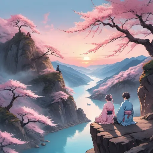 Prompt: Create an image of two people are sitting on a cliff facing a large river separating a tall vertical mountain. On top of the mountain there is a pink ancient sakura tree, and the people are dressed in anime fantasy-style clothing with contrasting colors, sunset light, peaceful and relaxing mood, contrasting colors are light pink and misty light blue, anime-style, landscape format, view from behind the two people.