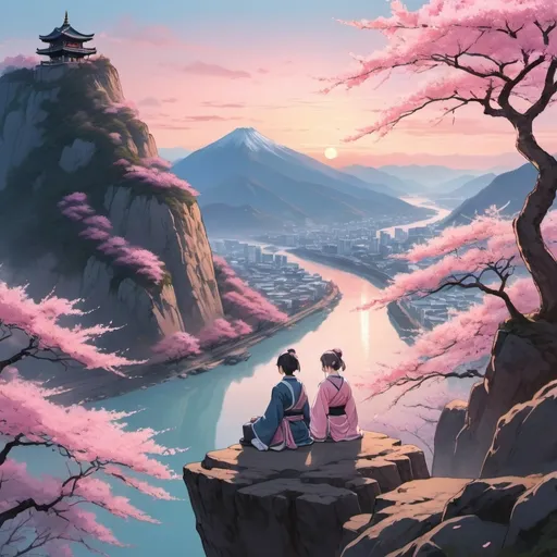 Prompt: Create an image of two people are sitting on a cliff facing a large river separating a tall vertical mountain. On top of the mountain there is a pink ancient sakura tree, and the people are dressed in anime fantasy-style clothing with contrasting colors, sunset light, peaceful and relaxing mood, contrasting colors are light pink and misty light blue, anime-style, landscape format, view from behind the two people.