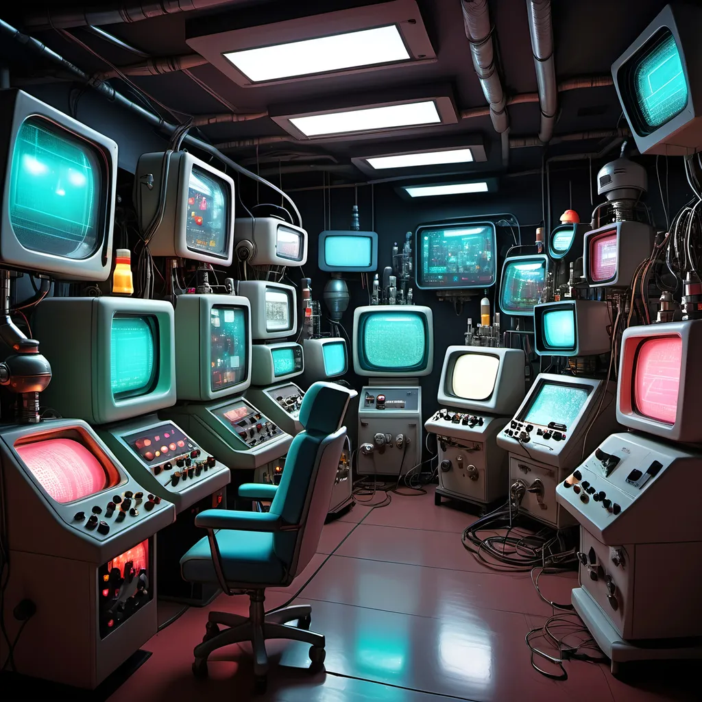 Prompt: exquisitely detailed hyper-realistic visual aesthetic depicting a retro-futuristic robotics laboratory, CRT screens of various sizes are in use on robots, on control consoles, and also just to watch TV. sharp focus, colorful indicator lights and vacuum tubes glow and twinkle on various pieces of equipment in various states of repair. Or disrepair. tools and strange looking science stuff is strewn about in a state of organized chaos
