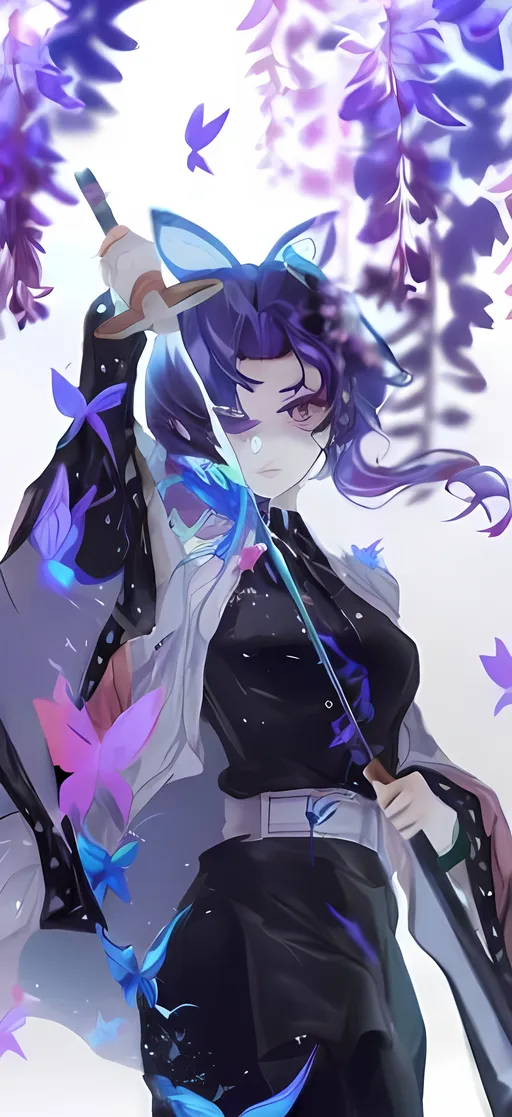 Prompt: Shinobu, demon slayer, anime, purplish black hair, white haori, butterfly designed haori on the edges, purple eyes, holding katana, under wisteria trees leaves, with a butterfly pin, standing position, drawing out sword, a bit realistic, normal skin tone, 