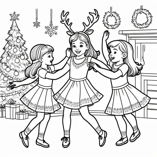 Prompt: children dancing with  real reindeers coloring pages