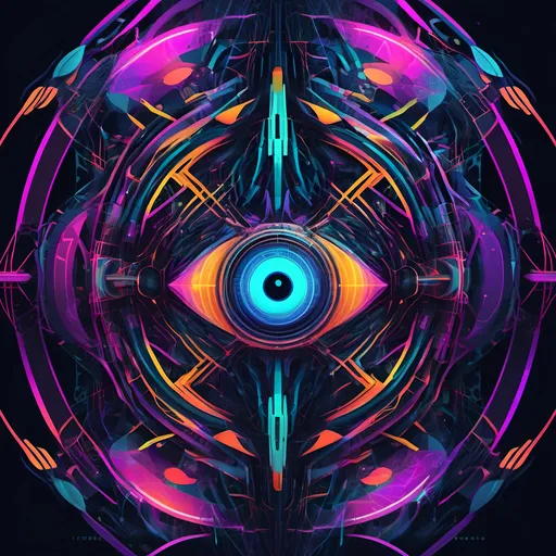 Prompt: Techno album cover (title "Symbiotic"), abstract and futuristic design, vibrant colors with neon glow, intricate geometric shapes, strong connection theme, deep contrasts and dynamic patterns, sleek and modern aesthetic, high energy vibe, digital art style, ultra-detailed, evocative ambiance, visual representation of interconnectedness and synergy, captivating and eye-catching.