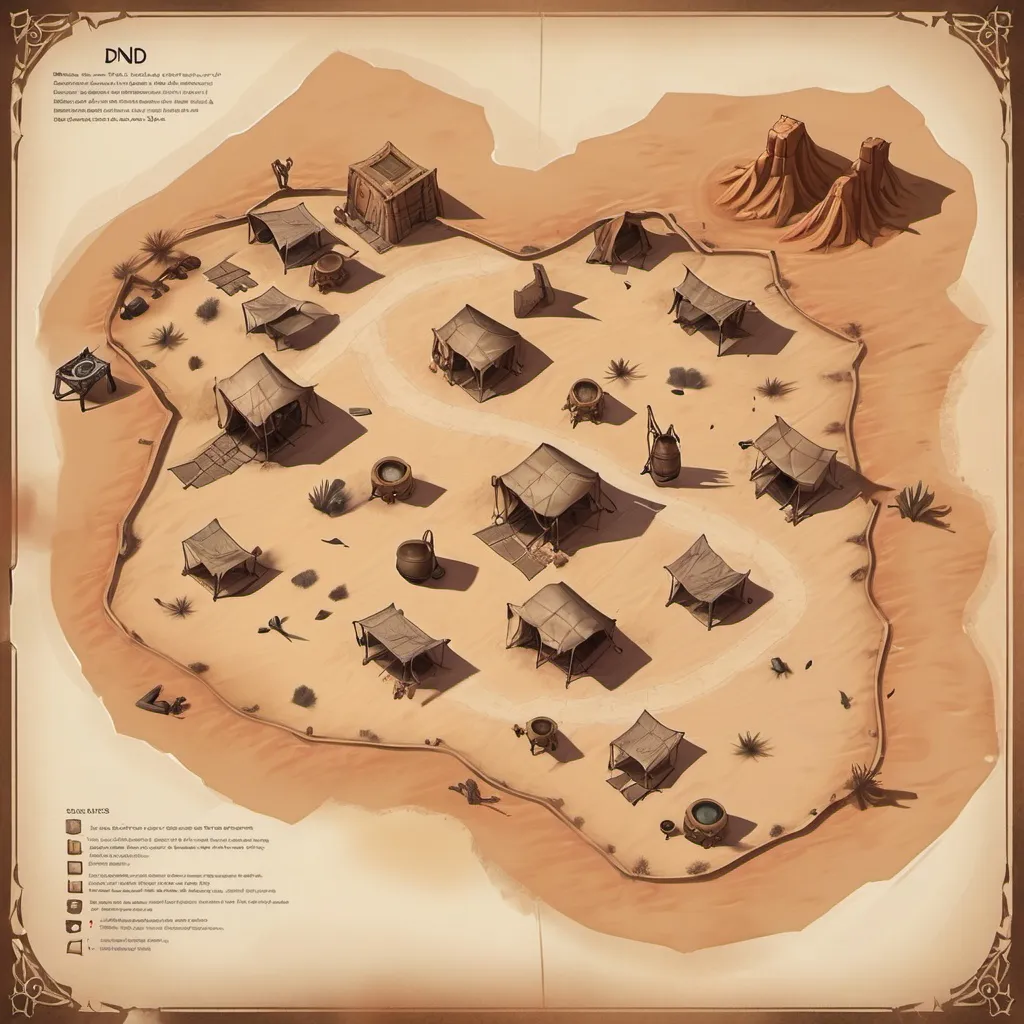 Prompt: A DnD map for a ruined ruined desert camp