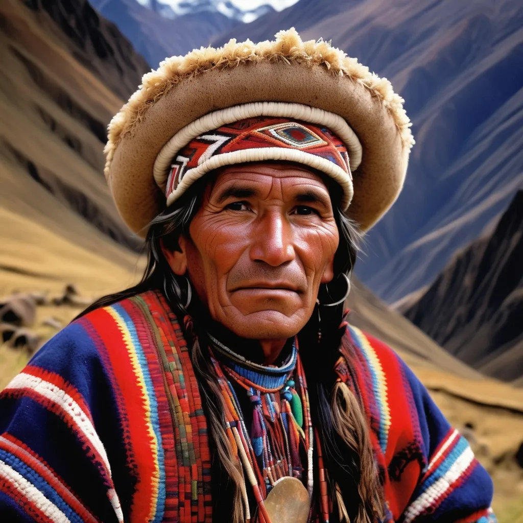 Prompt: A peruvian Chamán, He can talk mentally with they mountains, he is in an andean landscape