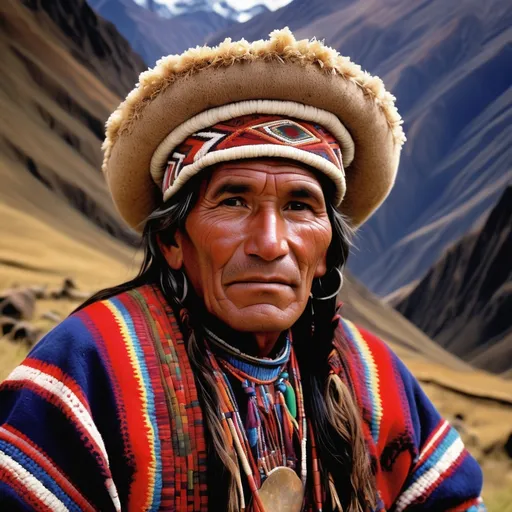 Prompt: A peruvian Chamán, He can talk mentally with they mountains, he is in an andean landscape