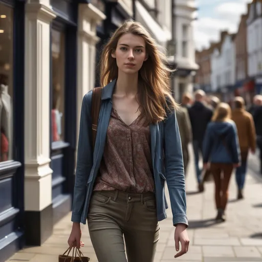 Prompt: Tall young woman walking down the high street, detailed clothing, realistic, natural lighting