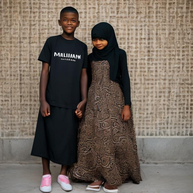 Prompt: A black boy wearing a T-shirt and a tall girl wearing a Muslim dress bugging each