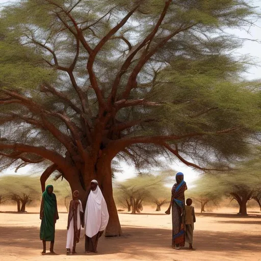 Prompt: A mother and her son standing under a large Bardo tree in Somalia, Ethiopia