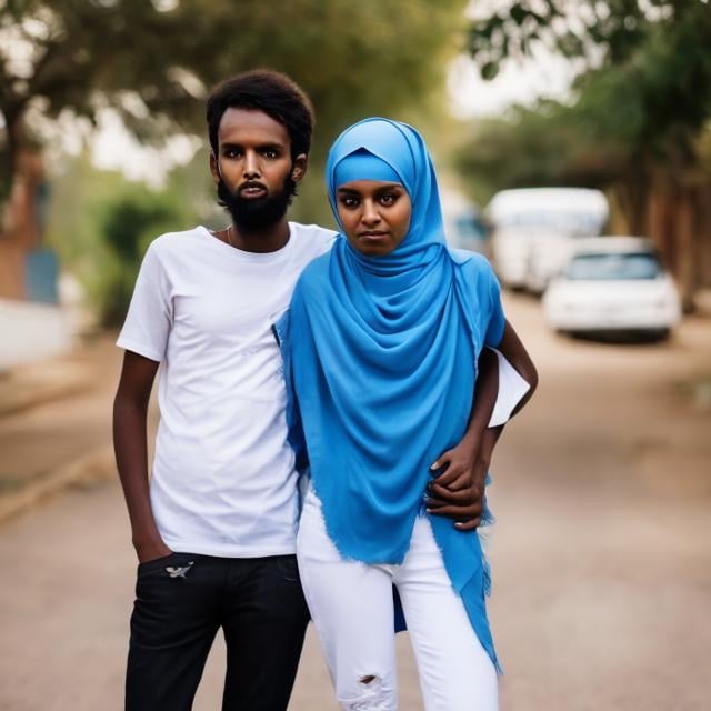 Prompt: A muslim somali women with with black and Marple scarf with 26 year old boy wearing white  T-shirts and blue jeans looking her