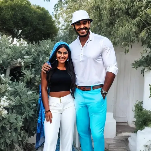 Prompt: a beautiful women with madium size Wearing blacd head scarf smile With man in white hat and and blue trousers and black shirt big muscles