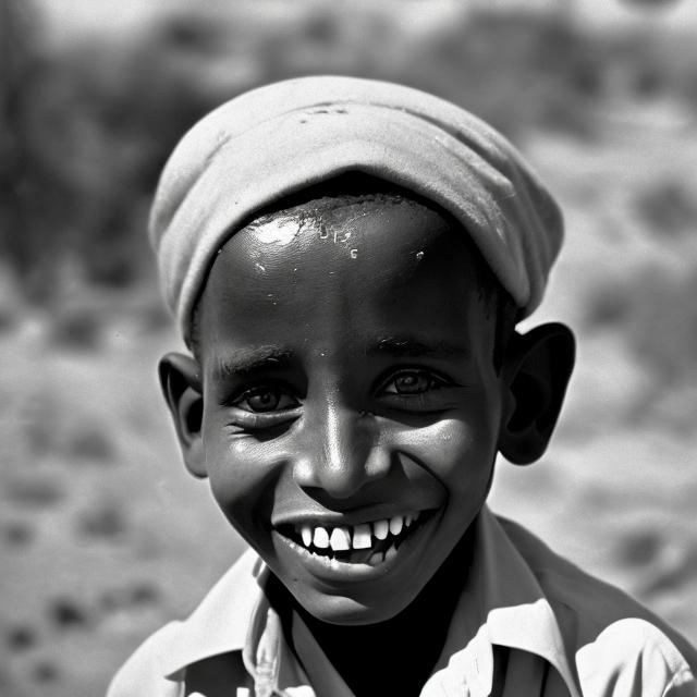 Prompt: Mogadishu somalia 1960 boy with black eyes smiling qnd long hairea