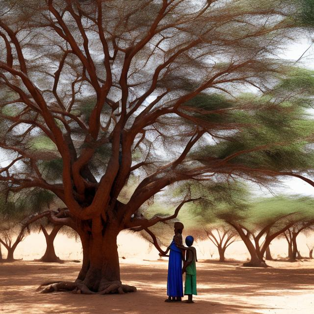 Prompt: A mother and her son standing under a large Bardo tree in Somalia, Ethiopia