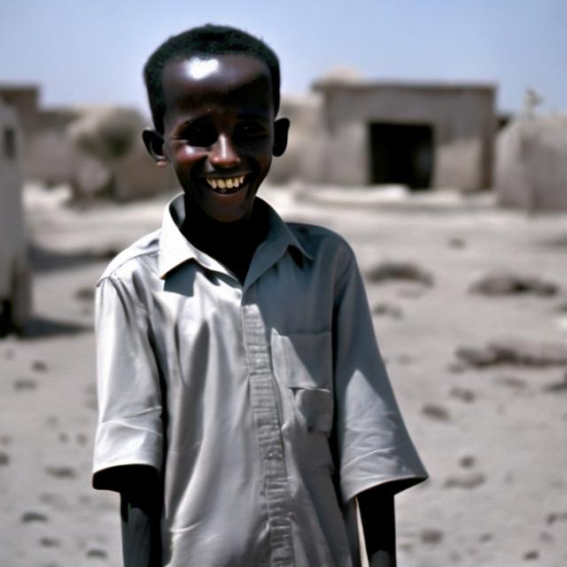 Prompt: Mogadishu somalia 1960 boy with black eyes smiling qnd long hairea