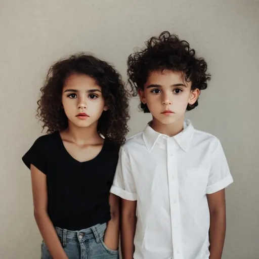 Prompt: Girl and boy in white shirts and black pants in a large open space looking at each other thin nose curly hair straight face