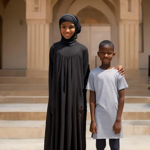Prompt: A black boy wearing a T-shirt and a tall girl wearing a Muslim dress bugging each