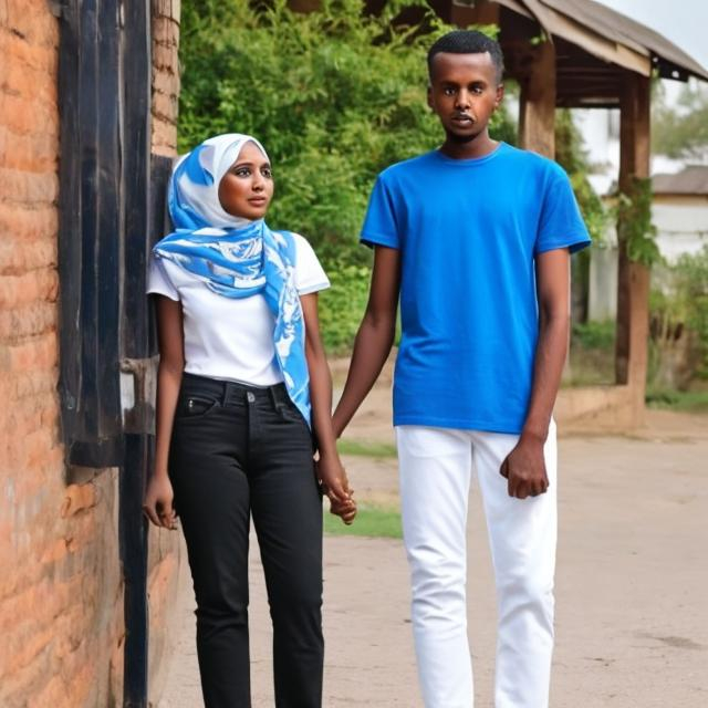 Prompt: A muslim somali women with with black and Marple scarf with 26 year old boy wearing white  T-shirts and blue jeans looking her