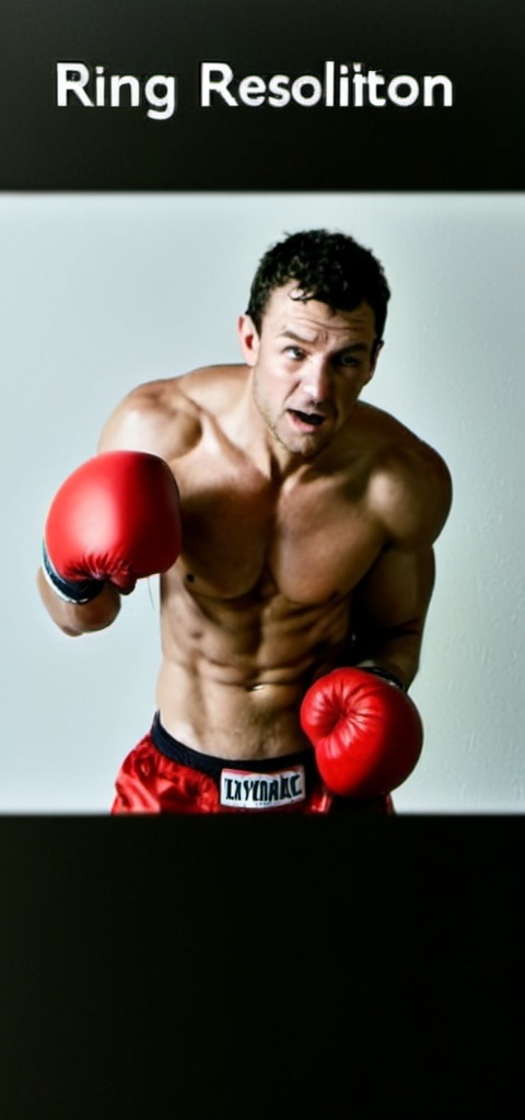 Prompt: Muscular man in boxing shorts and no shirt, (dynamic pose), intense expression, wearing bright red boxing gloves and black shorts, (detailed muscles), sweat glistening, ring background with ropes, dramatic lighting highlighting his physique, (4K resolution), energized atmosphere, focused gaze, capturing the essence of athleticism and determination.