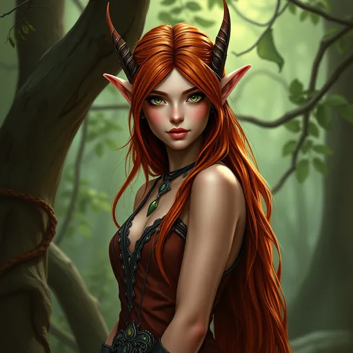 Prompt: Red hire elf women, green eyes, long bronzed dress