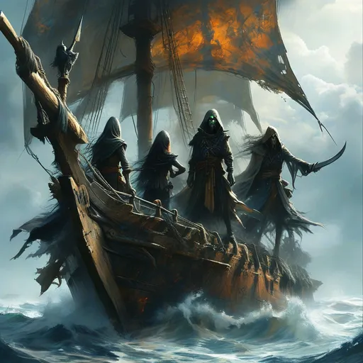 Prompt: Ghotic ship on ocean, 5 pirates vampire, dark soul, dark fantasy 